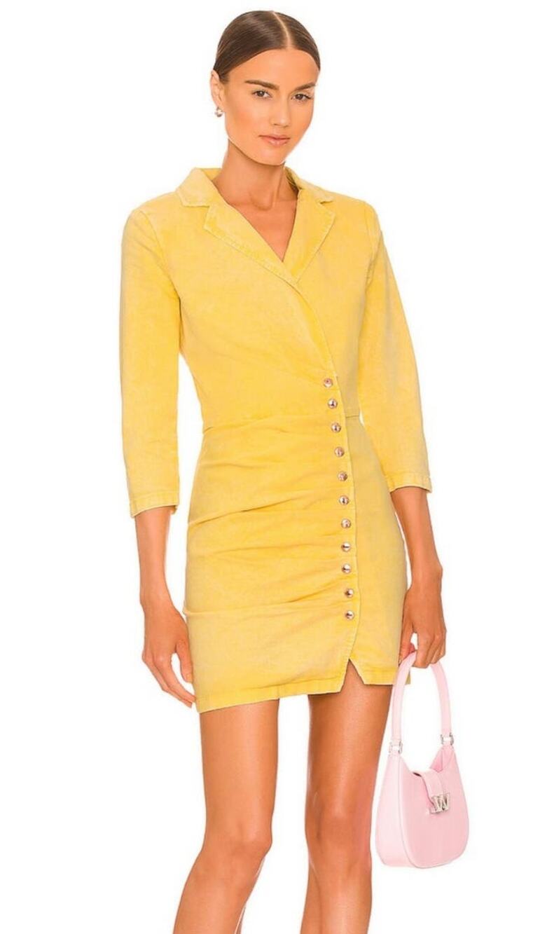 Retrofete Willa Dress in Lemonade Yellow XS Mini 3/4 Sleeves Button NWT Denim